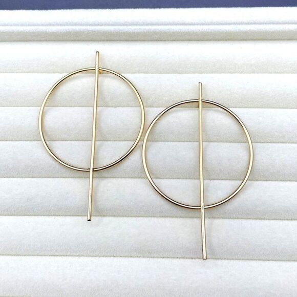 Yellow Gold Minimalistic Geometric Hoop Circle and Bar Post Back Earrings - Picture 3 of 9